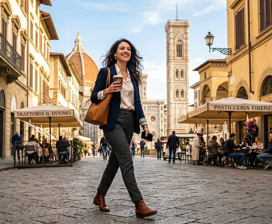Donna sicura di sé che cammina per una strada di una città italiana