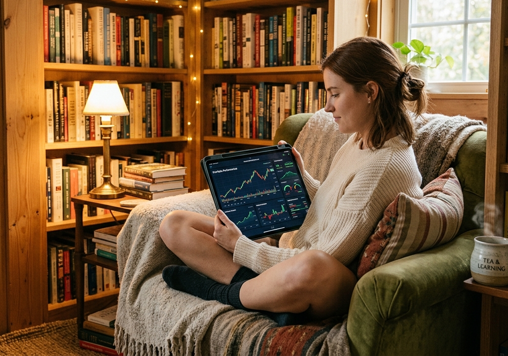 Persona che studia documenti finanziari in un angolo lettura accogliente