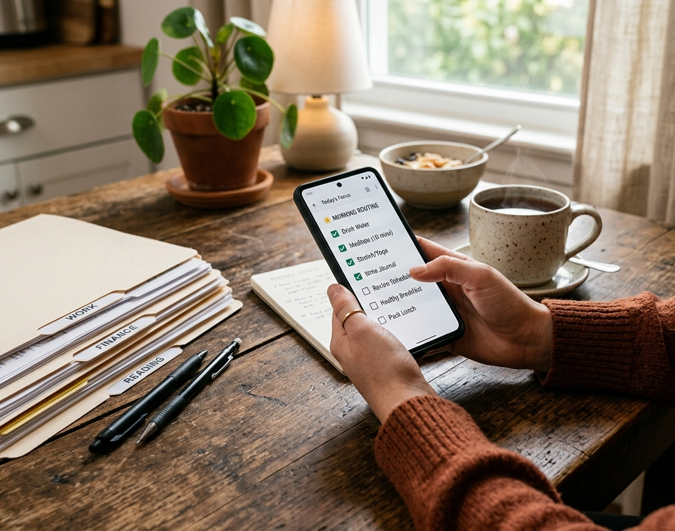 Mani che tengono uno smartphone con una checklist mentre si pianifica al tavolo