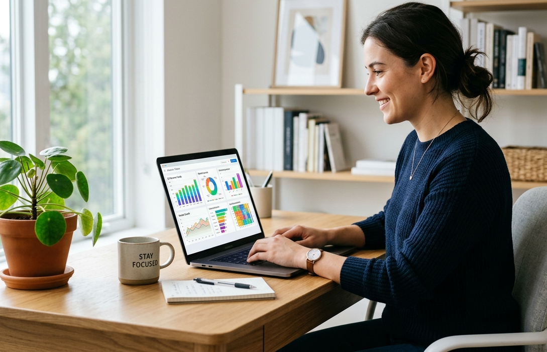 Giovane professionista che usa un laptop con grafici in un ufficio moderno