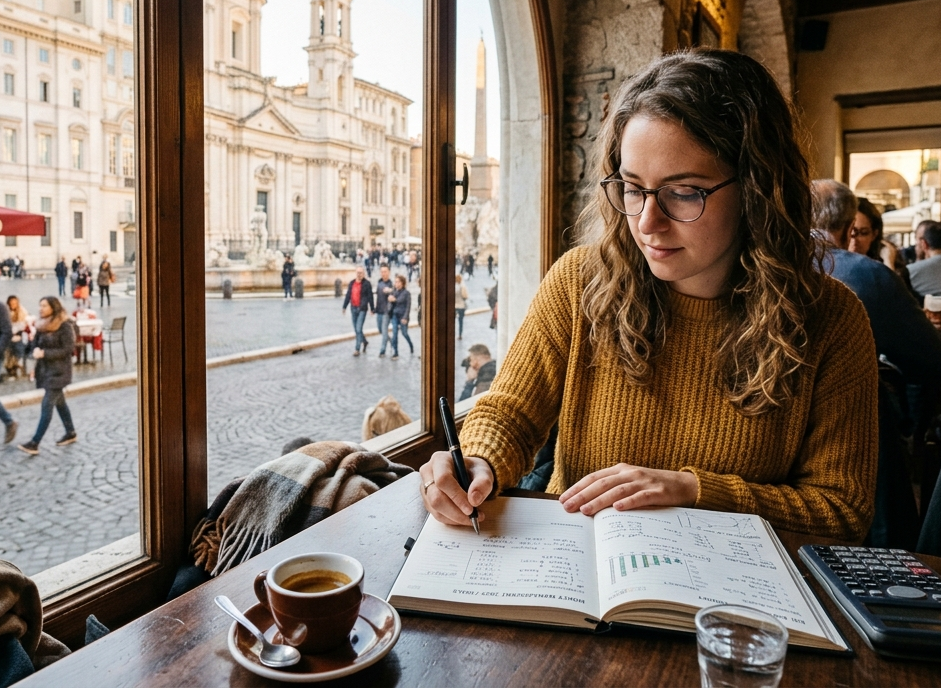 Persona che prende appunti su un planner in un caffè italiano